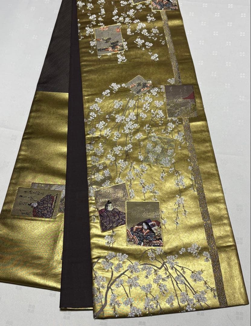 美品　和服帯　正絹　本金箔.献上源氏色紙文　袋帯　六通　早い者勝ち
