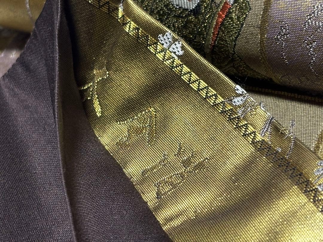 美品　和服帯　正絹　本金箔.献上源氏色紙文　袋帯　六通　早い者勝ち
