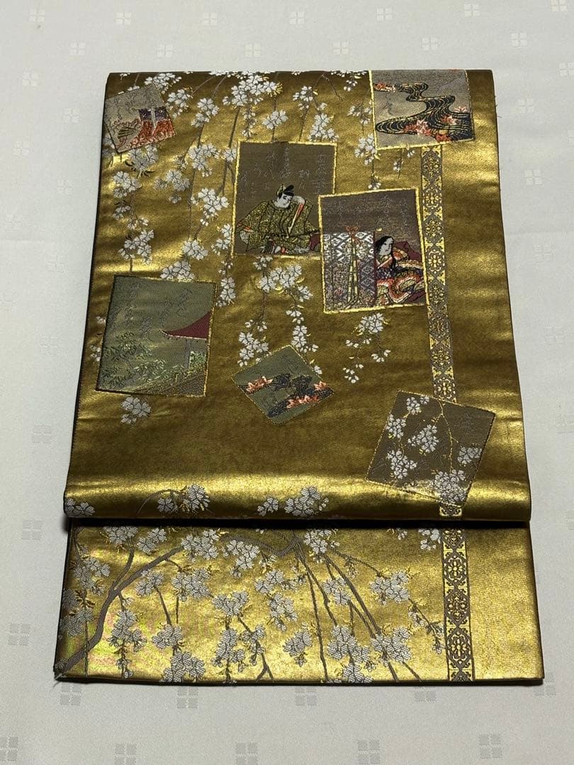 美品　和服帯　正絹　本金箔.献上源氏色紙文　袋帯　六通　早い者勝ち
