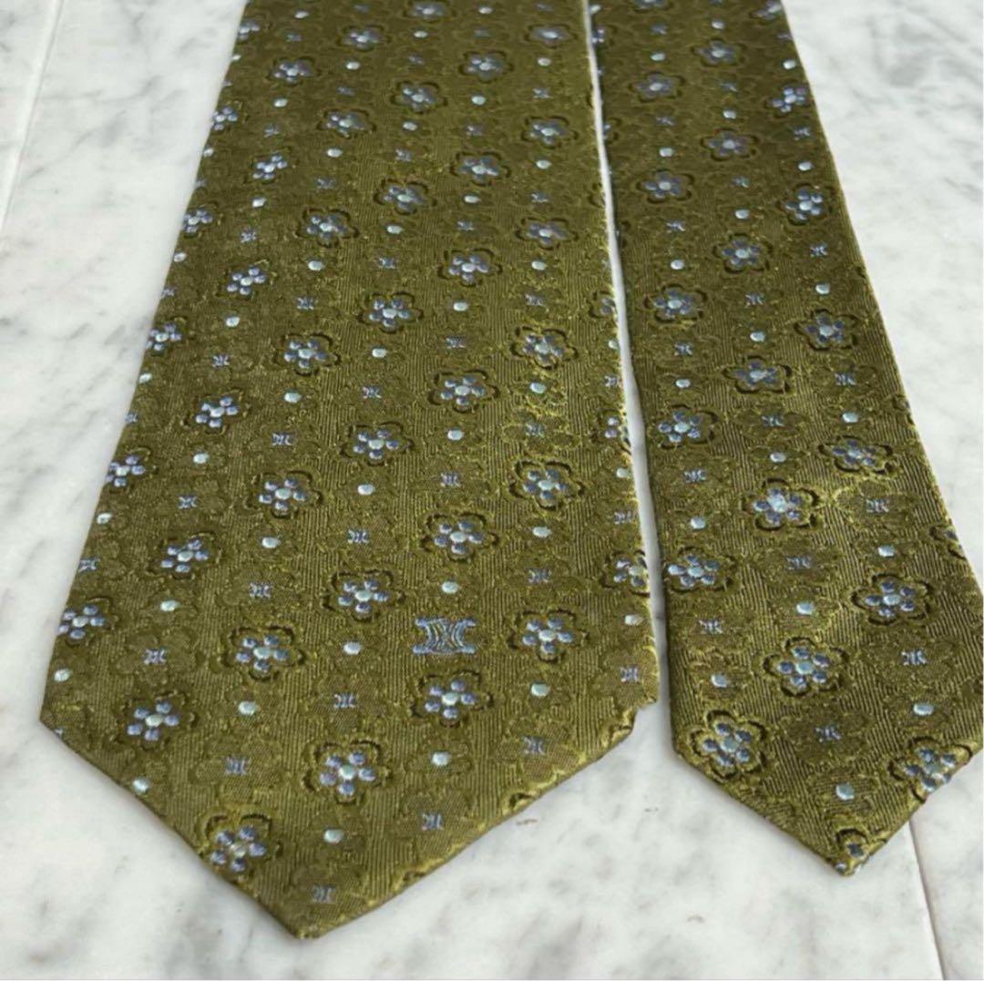CELINE ネクタイ グリーン系 花柄 マカダム柄 総柄