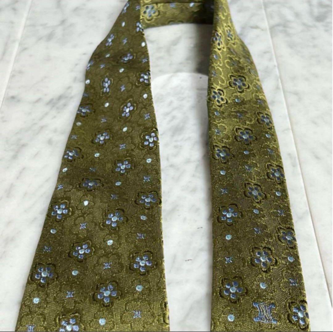 CELINE ネクタイ グリーン系 花柄 マカダム柄 総柄