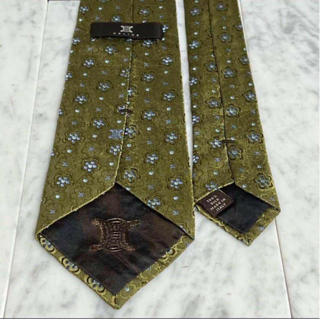 CELINE ネクタイ グリーン系 花柄 マカダム柄 総柄