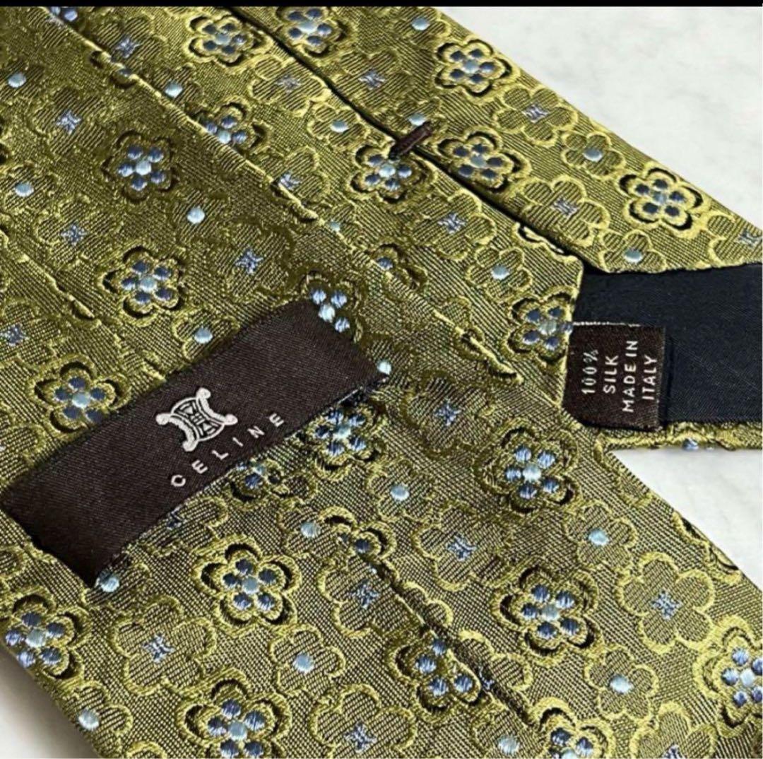 CELINE ネクタイ グリーン系 花柄 マカダム柄 総柄