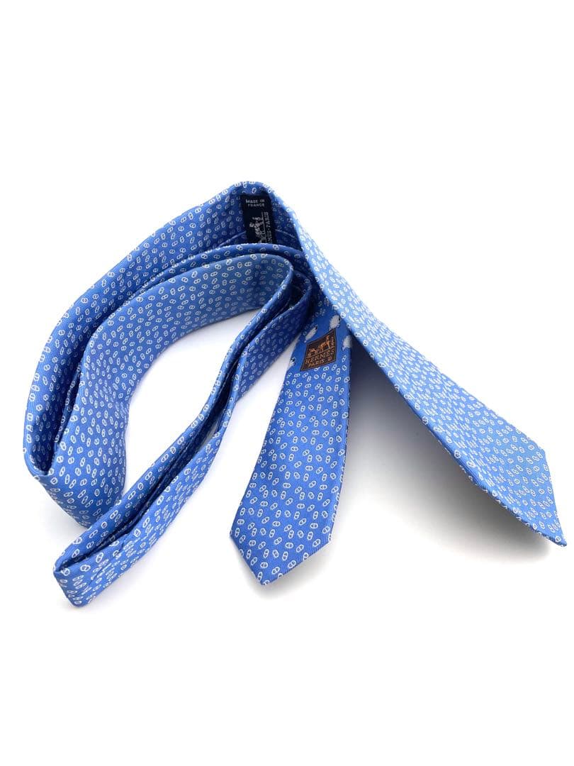 美品 エルメス ハイブランド ネクタイ ブルー 羊 ファソネ H柄 ソリッドタイ