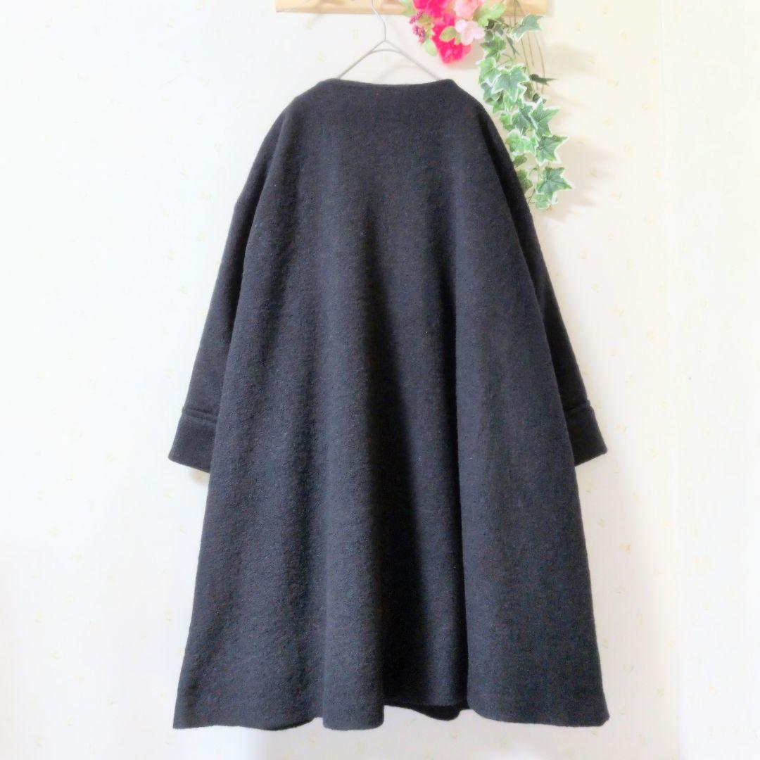 BEARDSLEY 　ノーカラー Aラインコート　ウールブラック ロングコートF