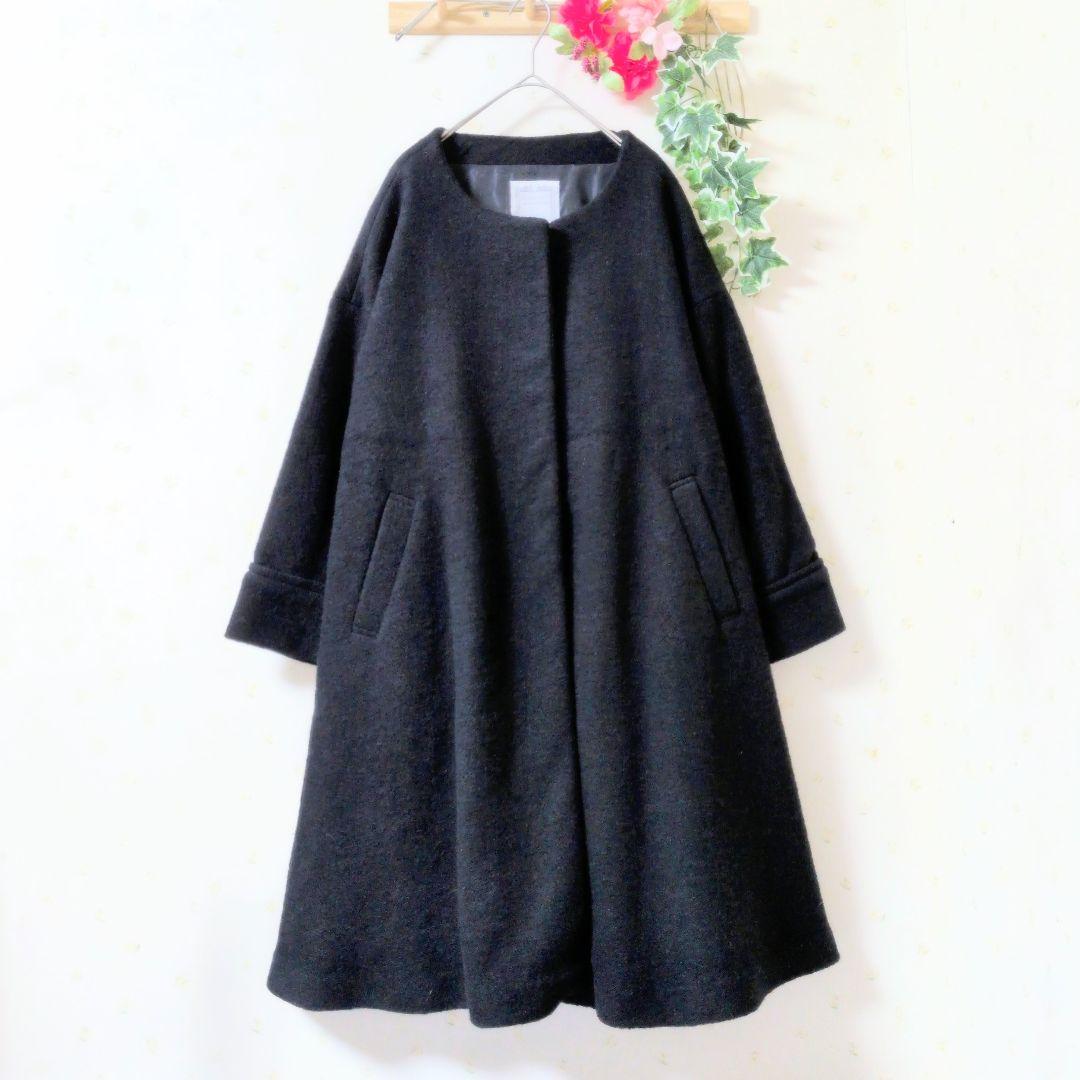 BEARDSLEY 　ノーカラー Aラインコート　ウールブラック ロングコートF