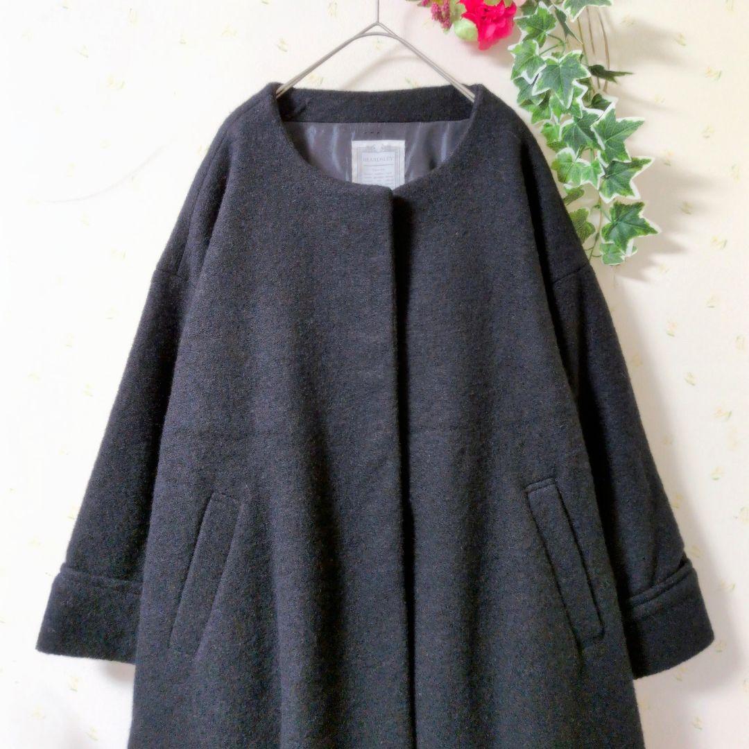 BEARDSLEY 　ノーカラー Aラインコート　ウールブラック ロングコートF