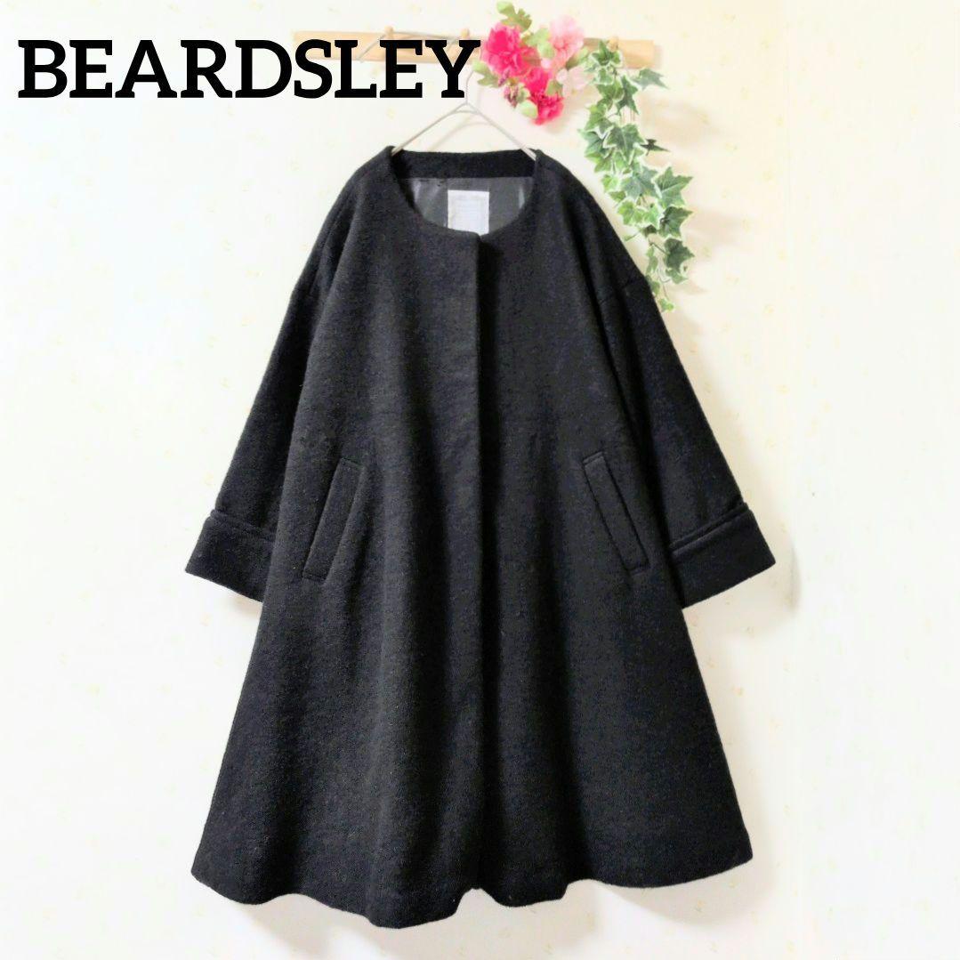 BEARDSLEY 　ノーカラー Aラインコート　ウールブラック ロングコートF