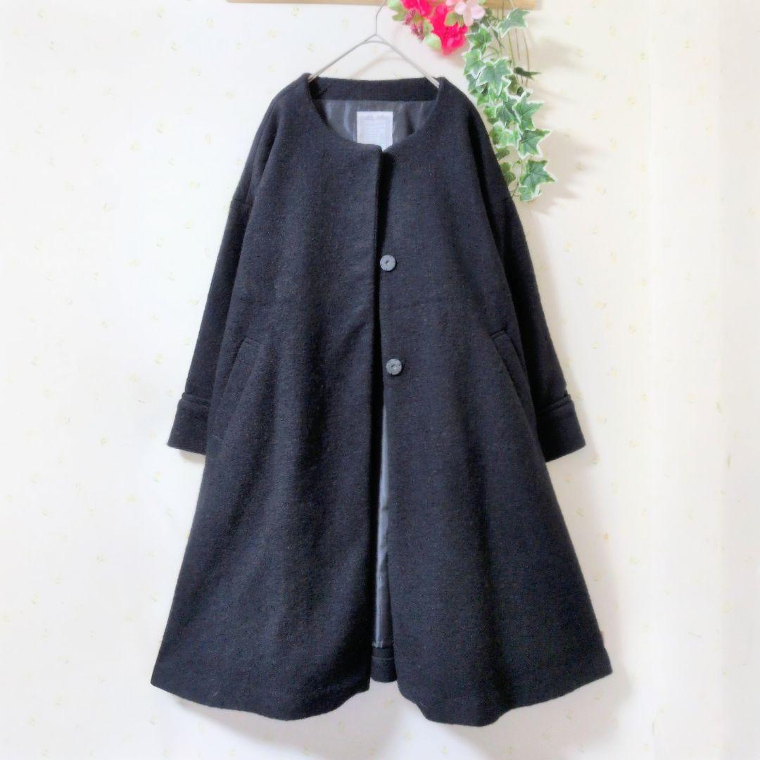 BEARDSLEY 　ノーカラー Aラインコート　ウールブラック ロングコートF