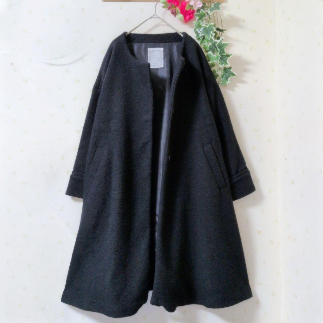 BEARDSLEY 　ノーカラー Aラインコート　ウールブラック ロングコートF