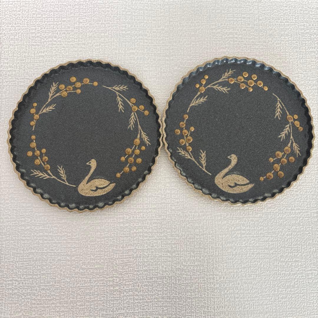 （2枚セット）苔色工房 ネイビー 白鳥 約16センチ　なみなみプレート