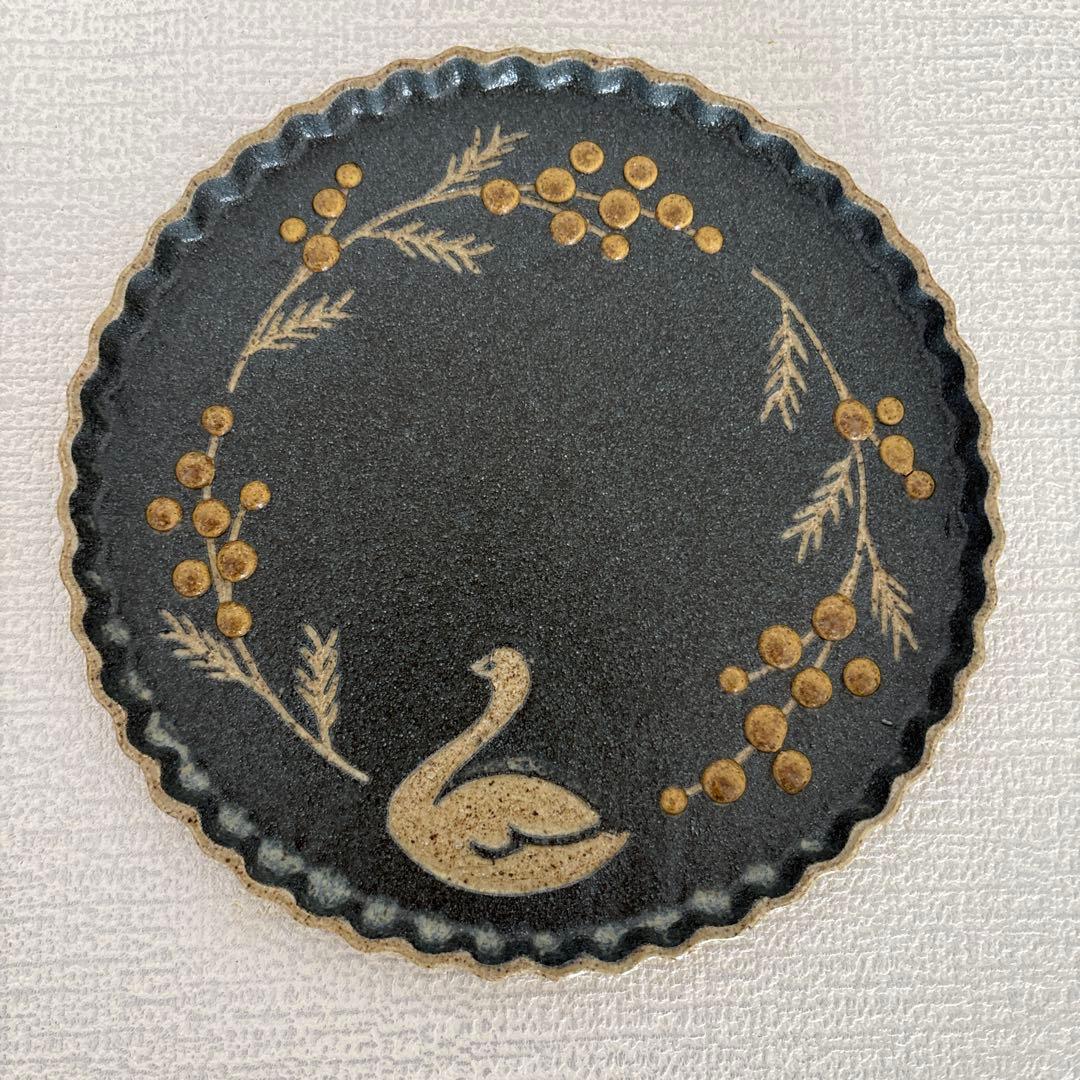 （2枚セット）苔色工房 ネイビー 白鳥 約16センチ　なみなみプレート