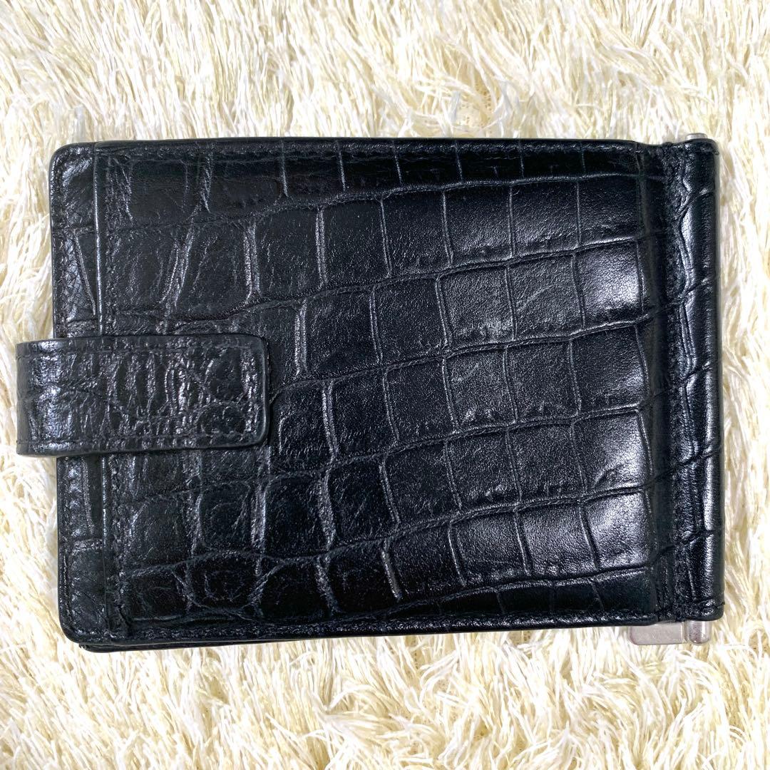 【極美品】サンローランパリ　マネークリップ　二つ折り　クロコ　黒　レザー　銀ロゴ