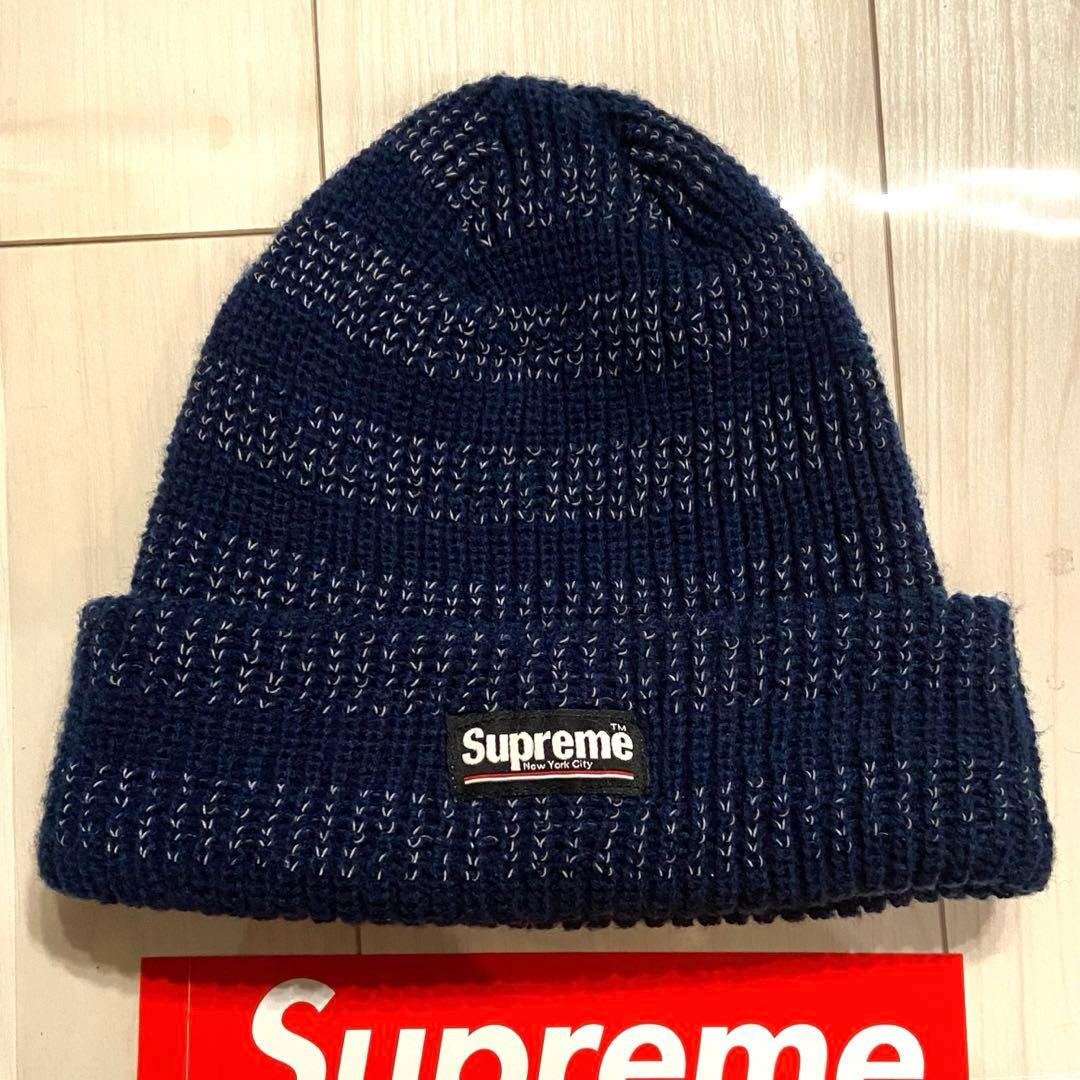 【美品】 Supreme Reflective Stripe Beanie 紺