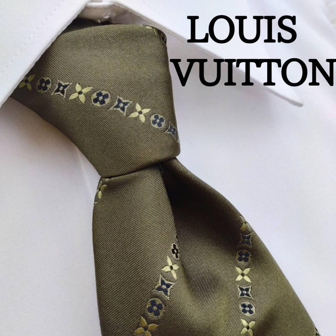 ★美品★ ルイヴィトン 高級シルクネクタイ ストライプ柄（モノグラム） オリーブ