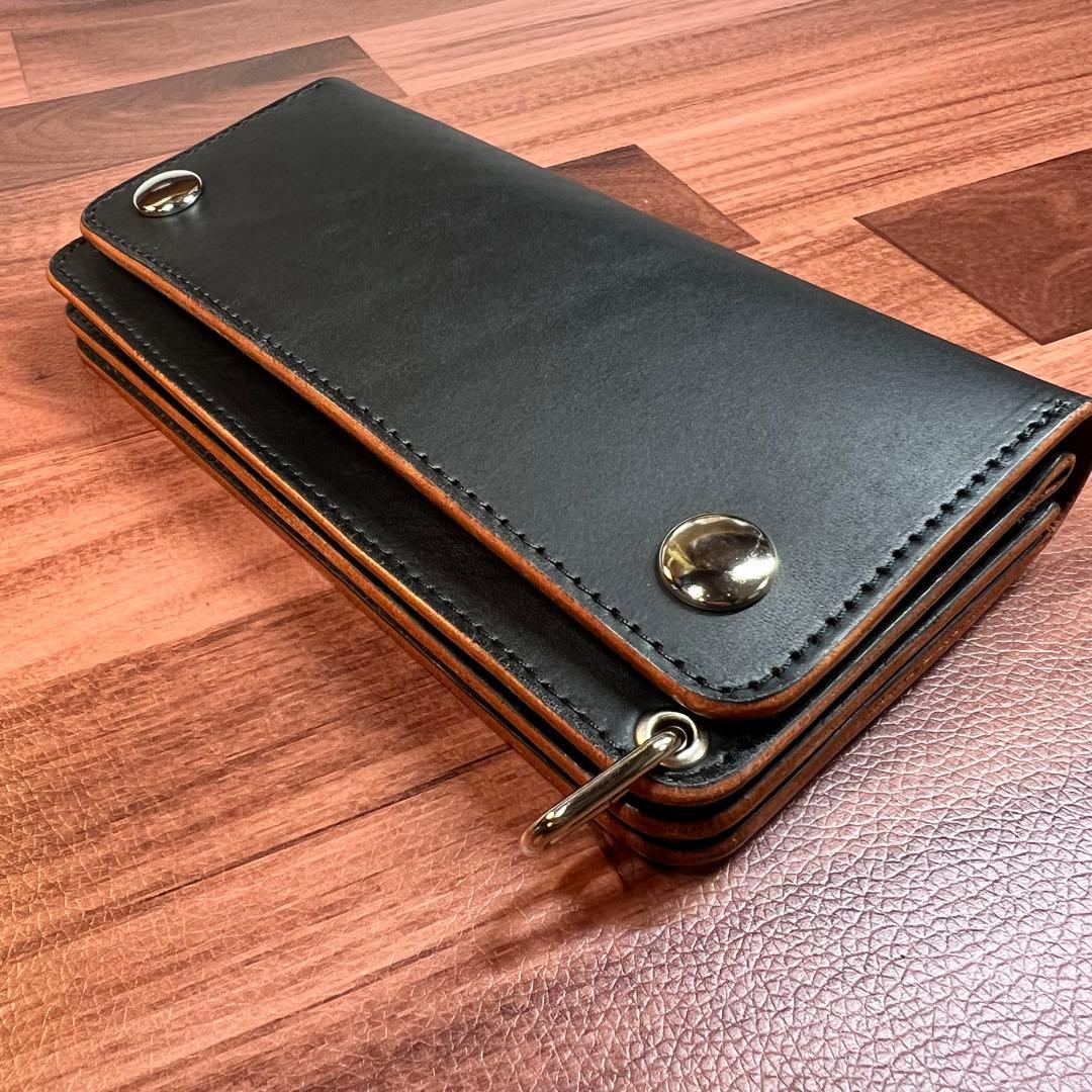 【トラッカーウォレット ロング 3層】 ブラック 茶芯 北米ステア シルバー