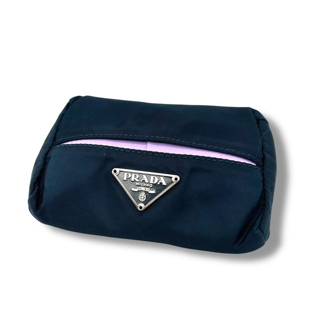 【美品】PRADA　プラダ　ネイビー ポケットティッシュカバー　三角プレートロゴ