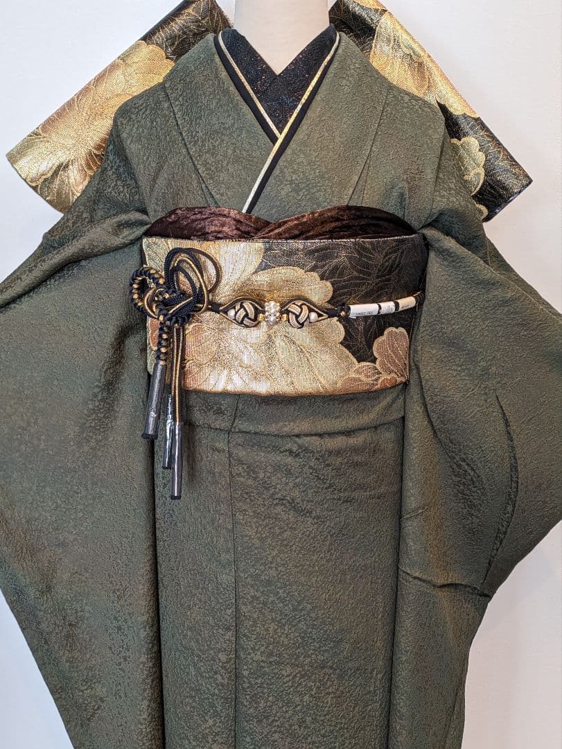 振袖フルセット 身丈168裄67 霞文 暈し染め カーキ 正絹 逸品