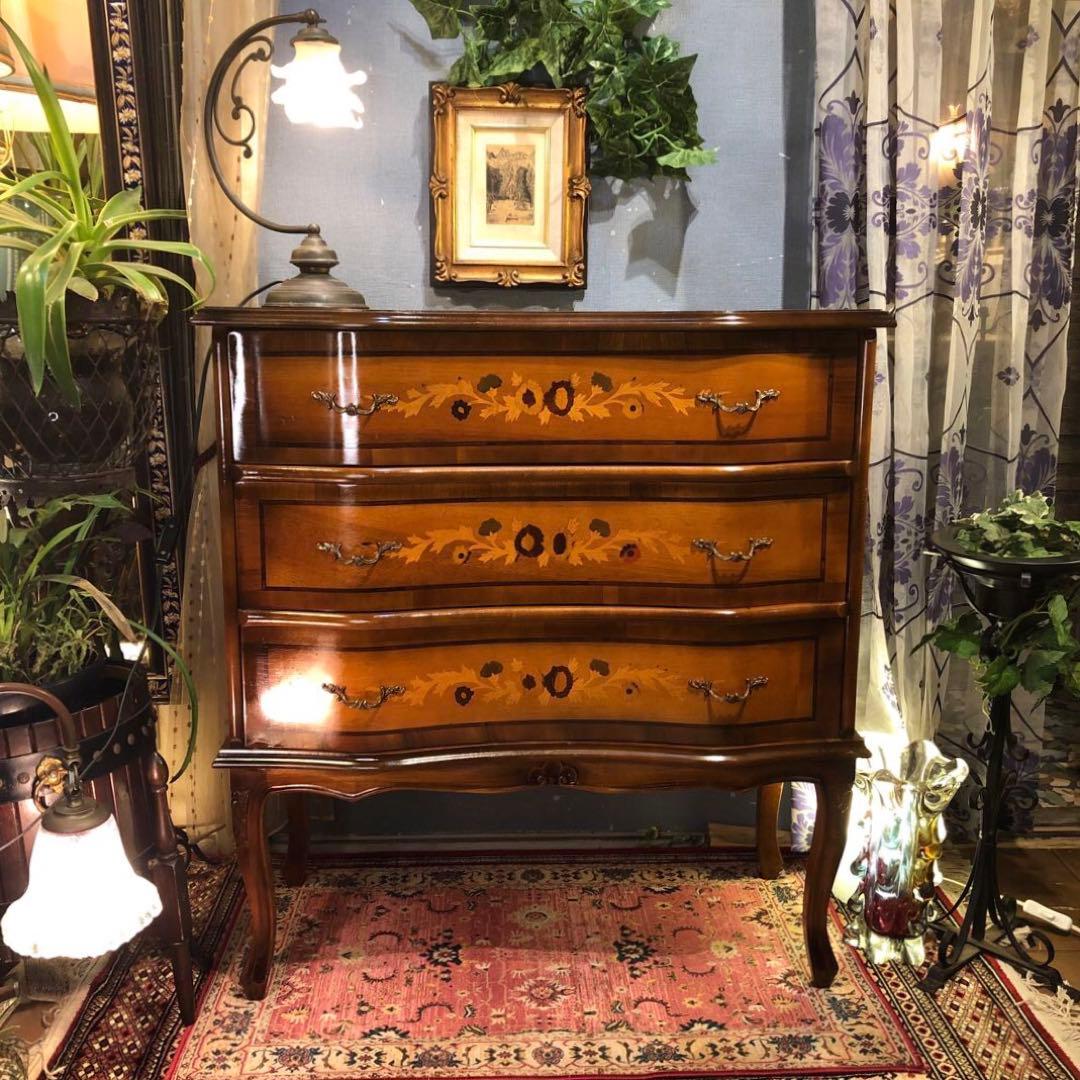 最終価格　イタリアン アンティークPT 象嵌　猫脚　３段DRキャビネット