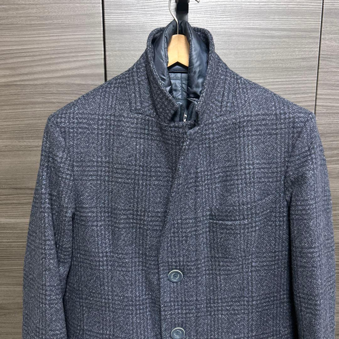 ヘルノ チェスターコート グレンチェック 中綿 ウール ダークネイビー 46