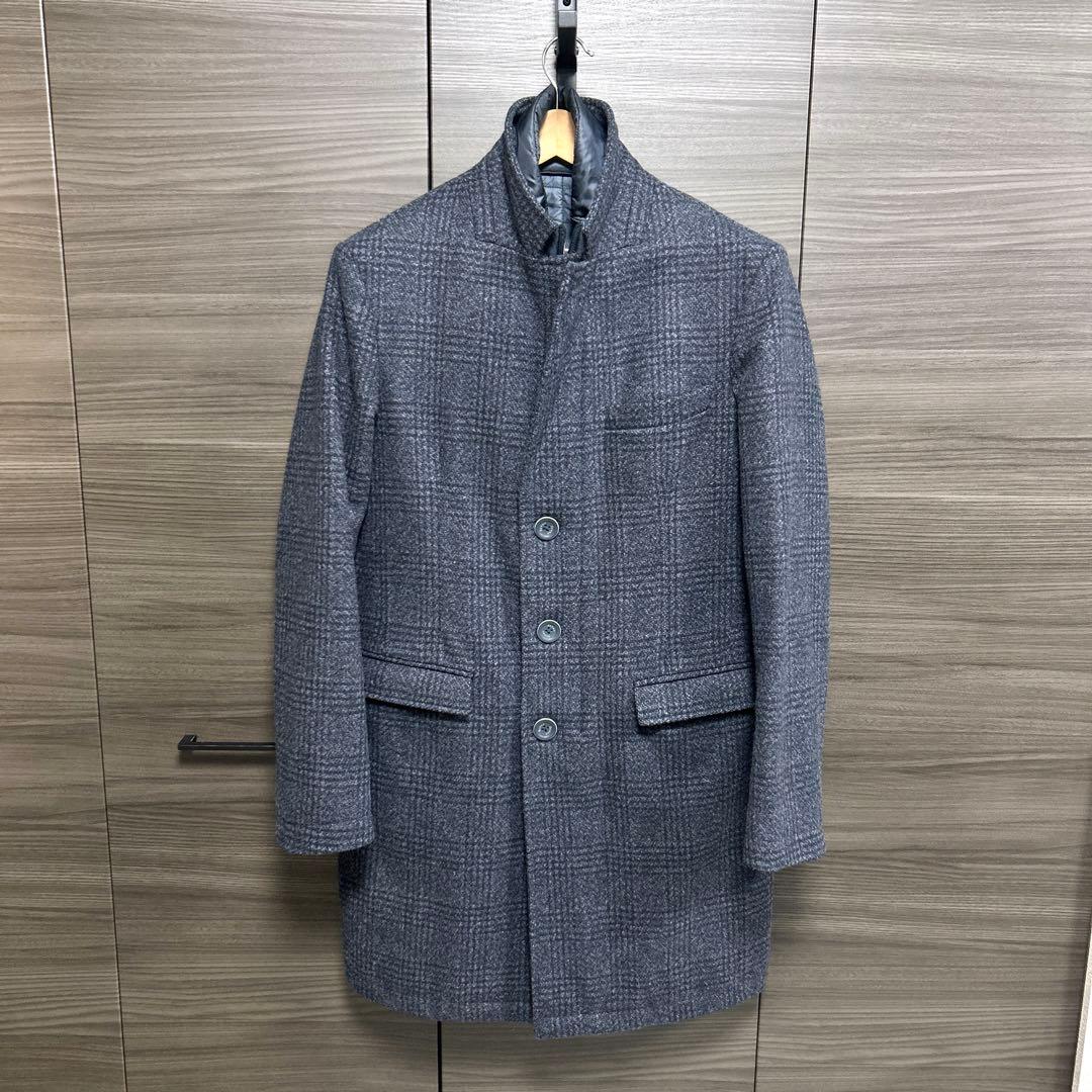 ヘルノ チェスターコート グレンチェック 中綿 ウール ダークネイビー 46