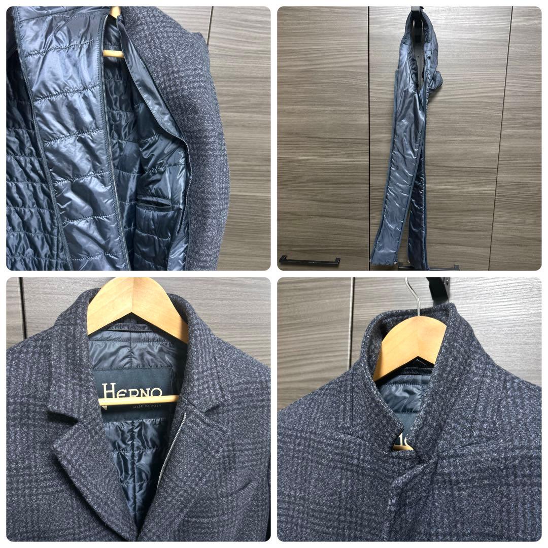 ヘルノ チェスターコート グレンチェック 中綿 ウール ダークネイビー 46