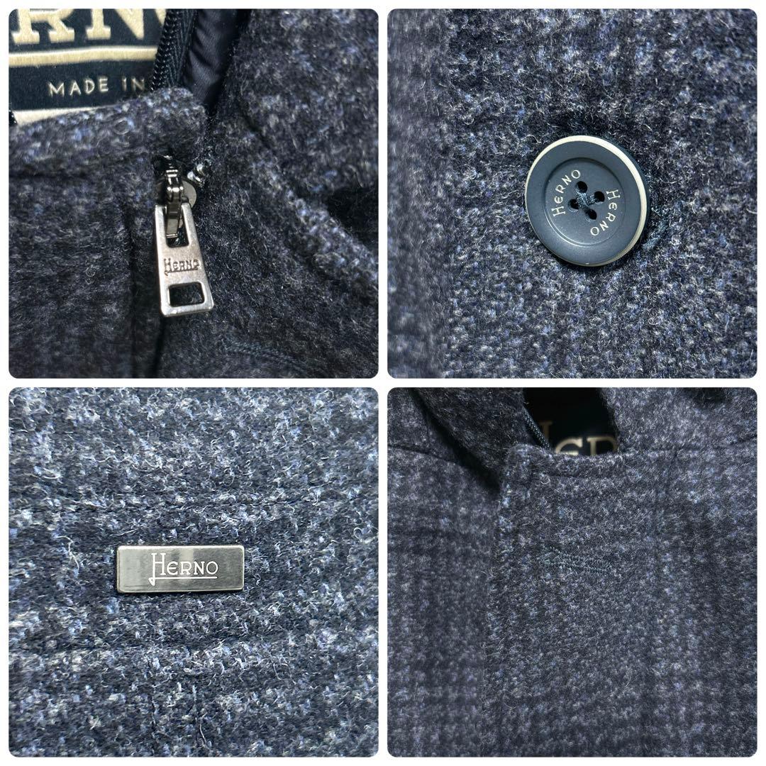 ヘルノ チェスターコート グレンチェック 中綿 ウール ダークネイビー 46