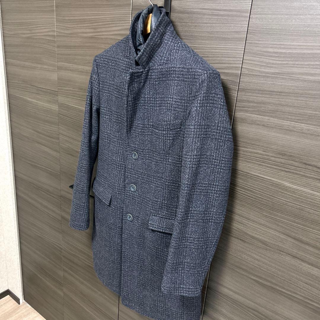 ヘルノ チェスターコート グレンチェック 中綿 ウール ダークネイビー 46