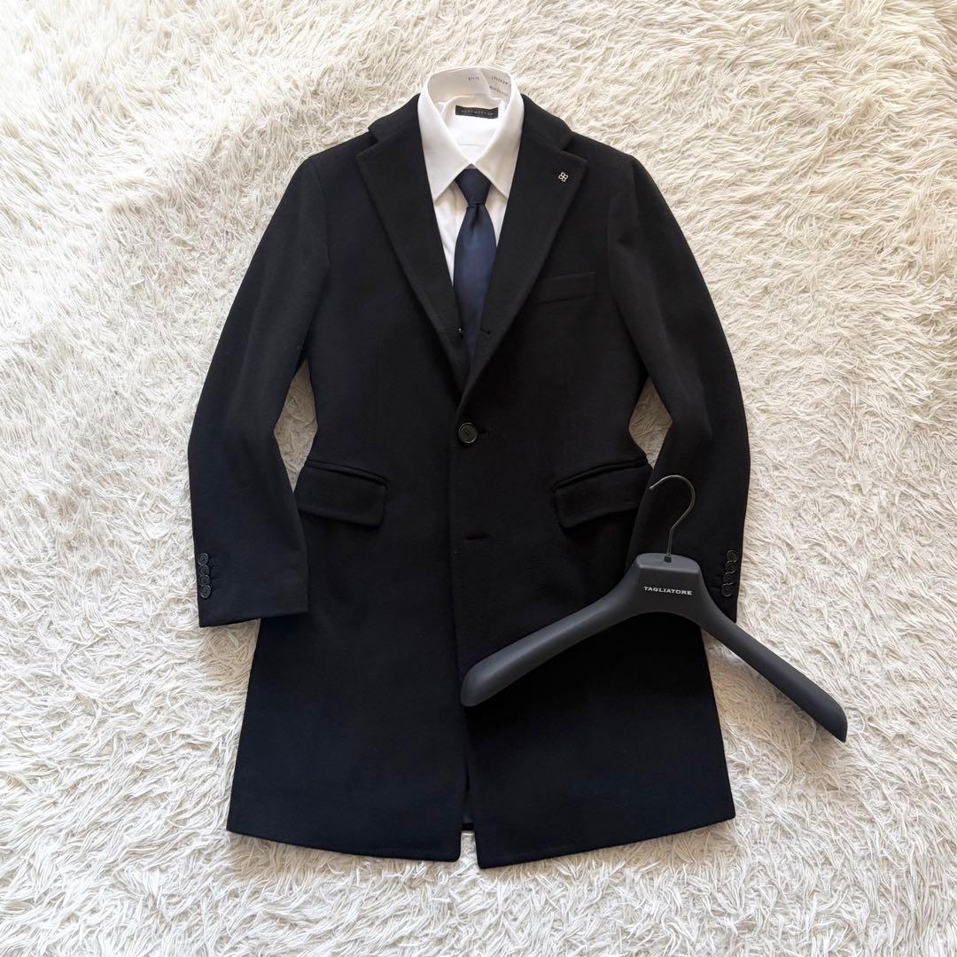 <美品>TAGLIATORE ブラック カシミヤ100% チェスターコート 42