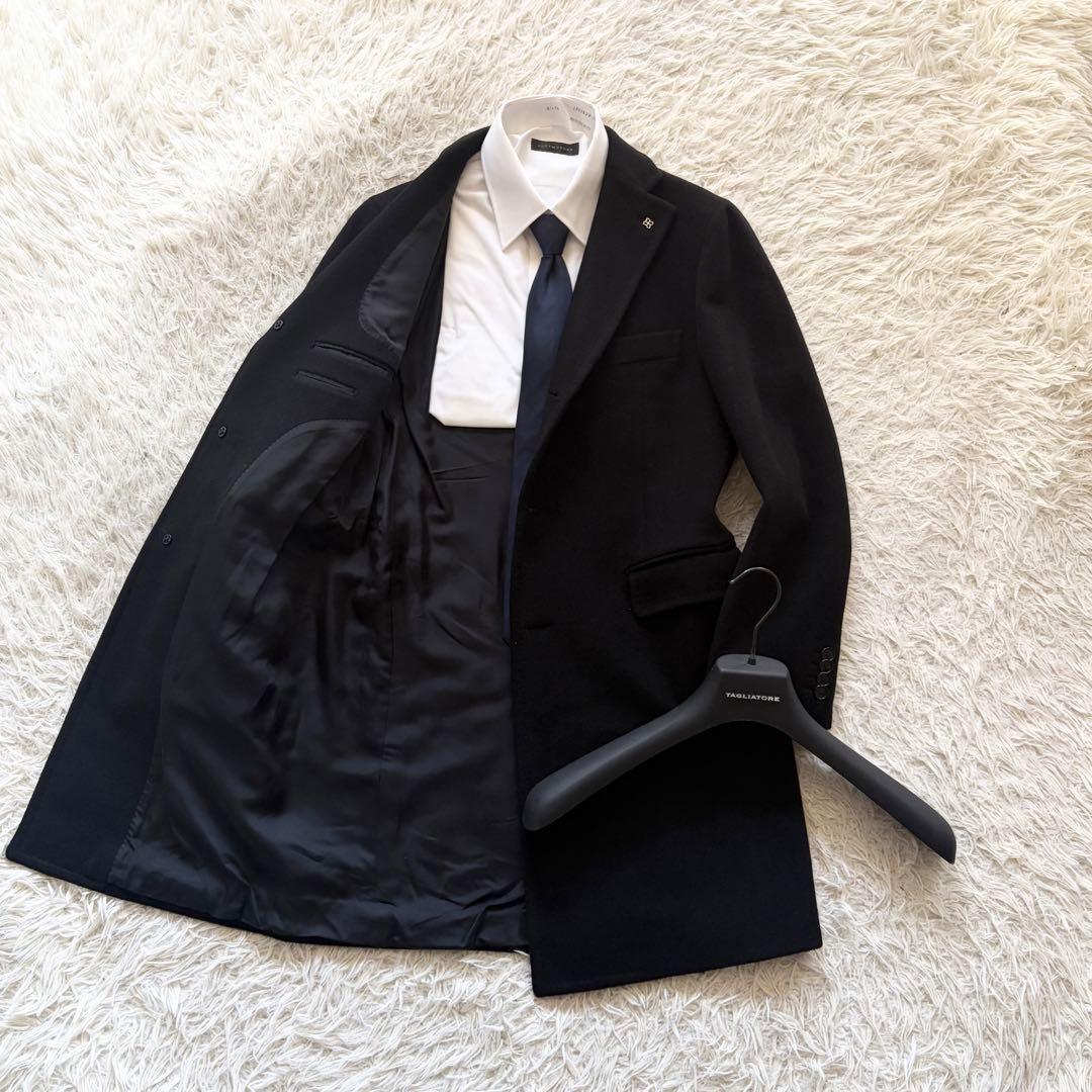 <美品>TAGLIATORE ブラック カシミヤ100% チェスターコート 42