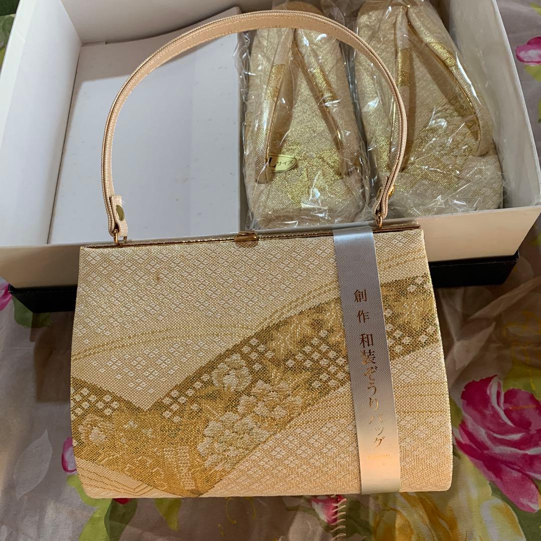 ☆新品Lサイズ 草履 ＆和装バックセット 金色模様 未使用品