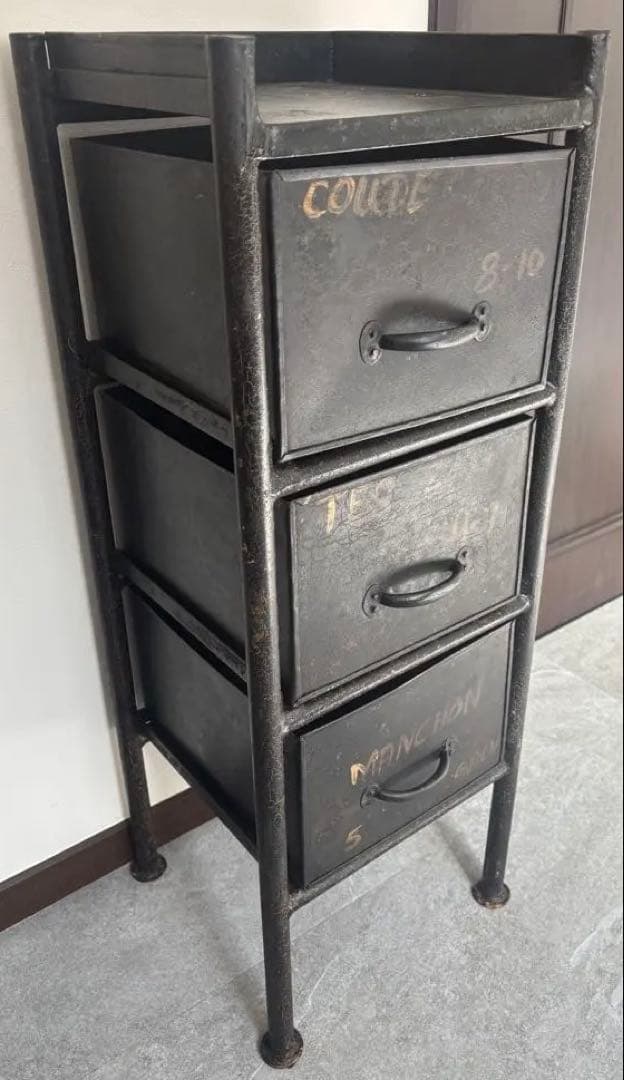 アイアン　引き出し　アンティーク　インダストリアル　ブラック　3段　チェスト