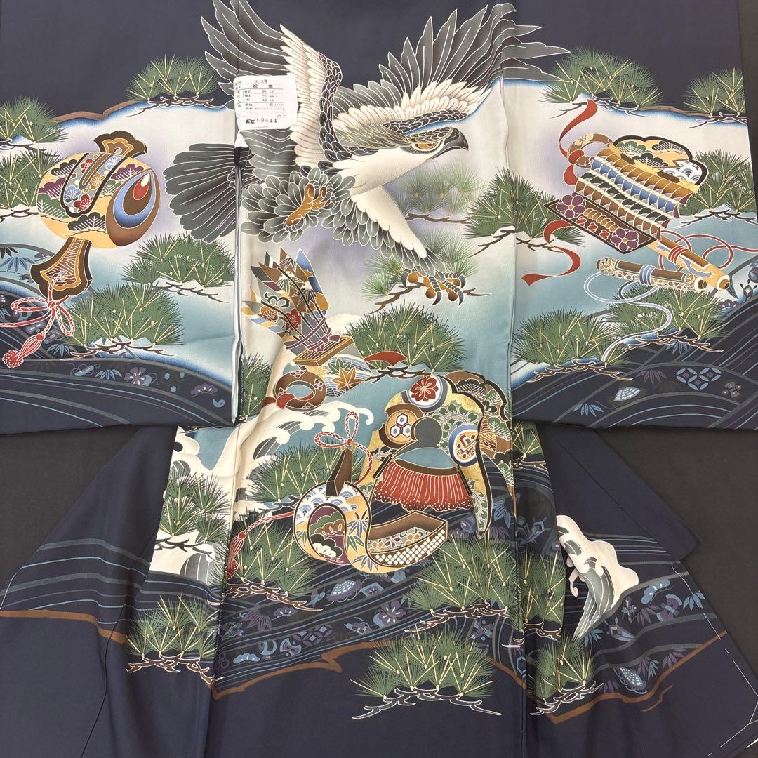 「即決価格」新品正絹産着祝着京豪華友禅、金彩仕様、特選大鷹と祝古典鼓大王松文