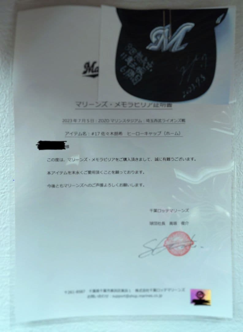直筆サイン入り　試合着用キャップ