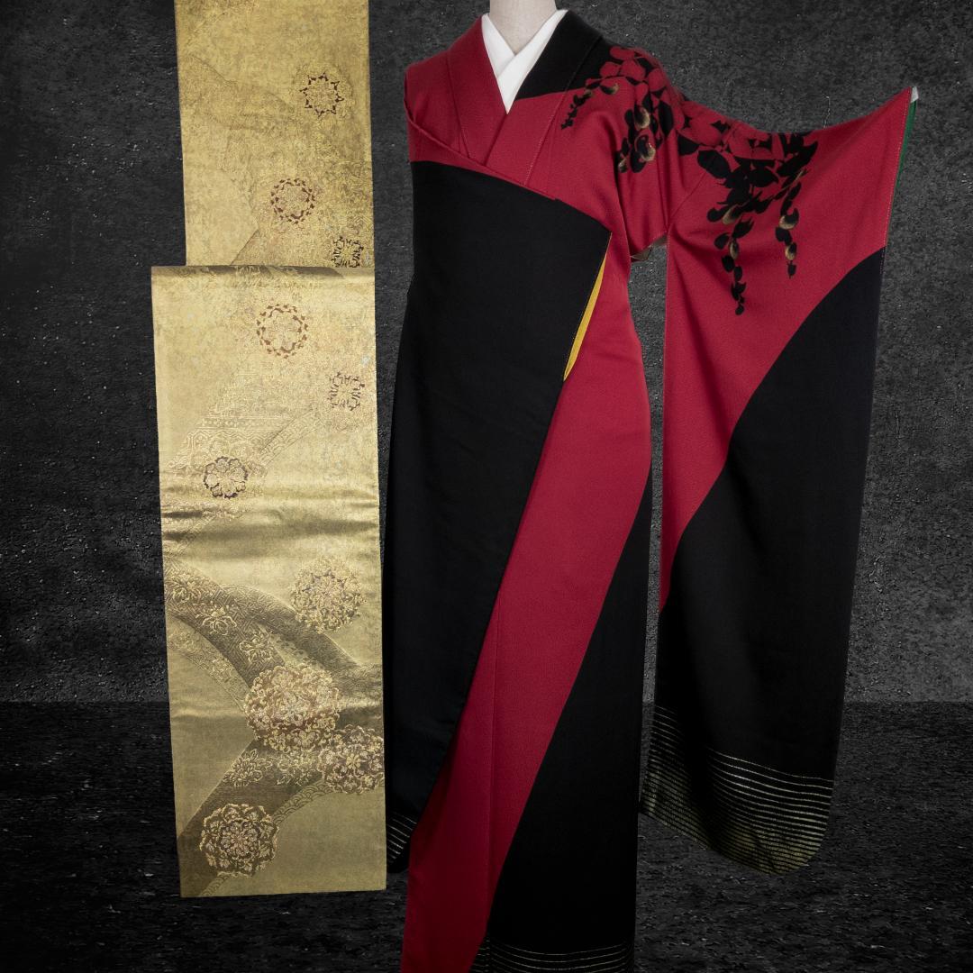 あみい R7SK1335 振袖 モダン お洒落 花 赤 黒 ゴールド