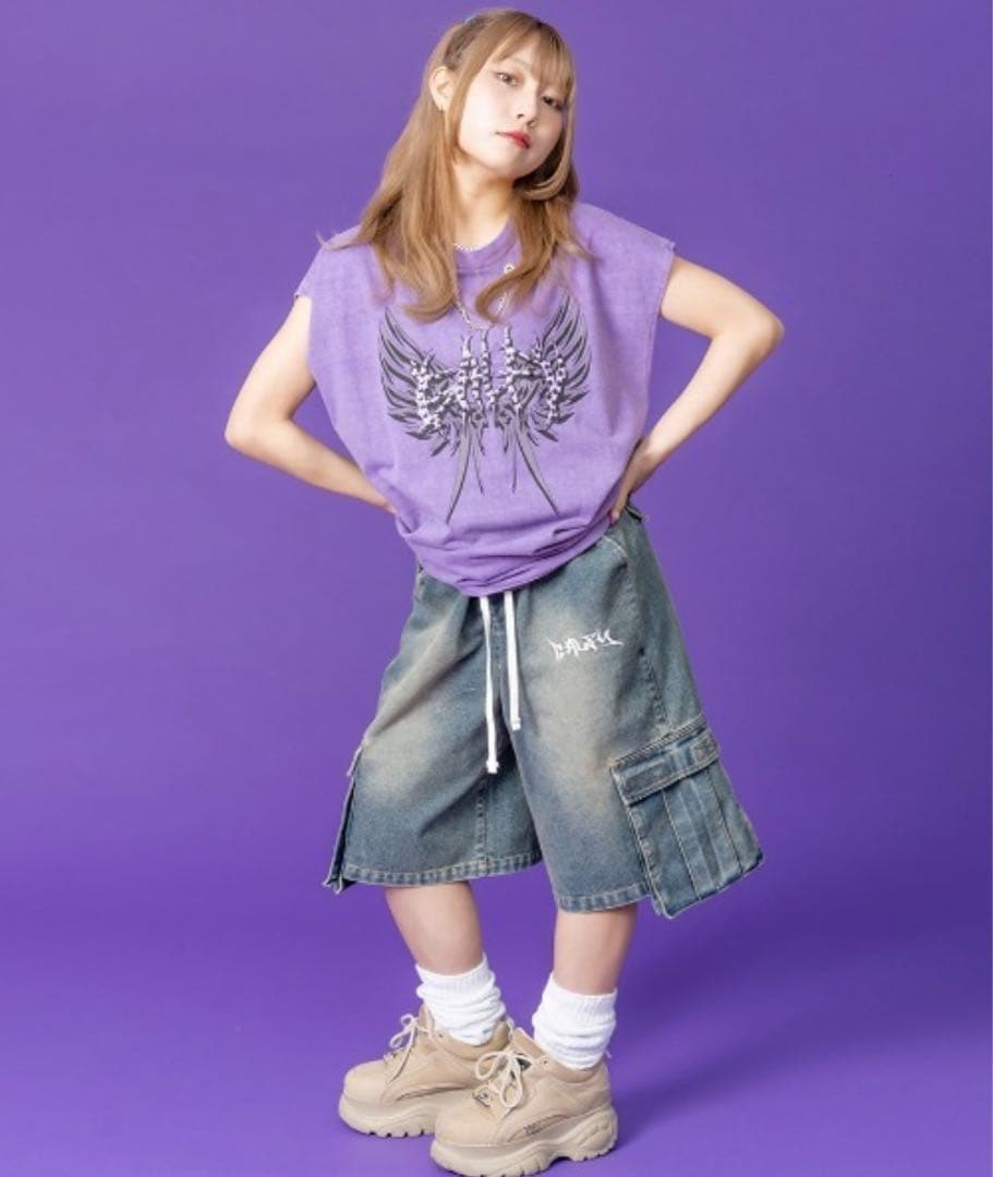 未使用タグ付 美品 GALFY デニムハーフパンツ ビッグロゴ ビンテージXL