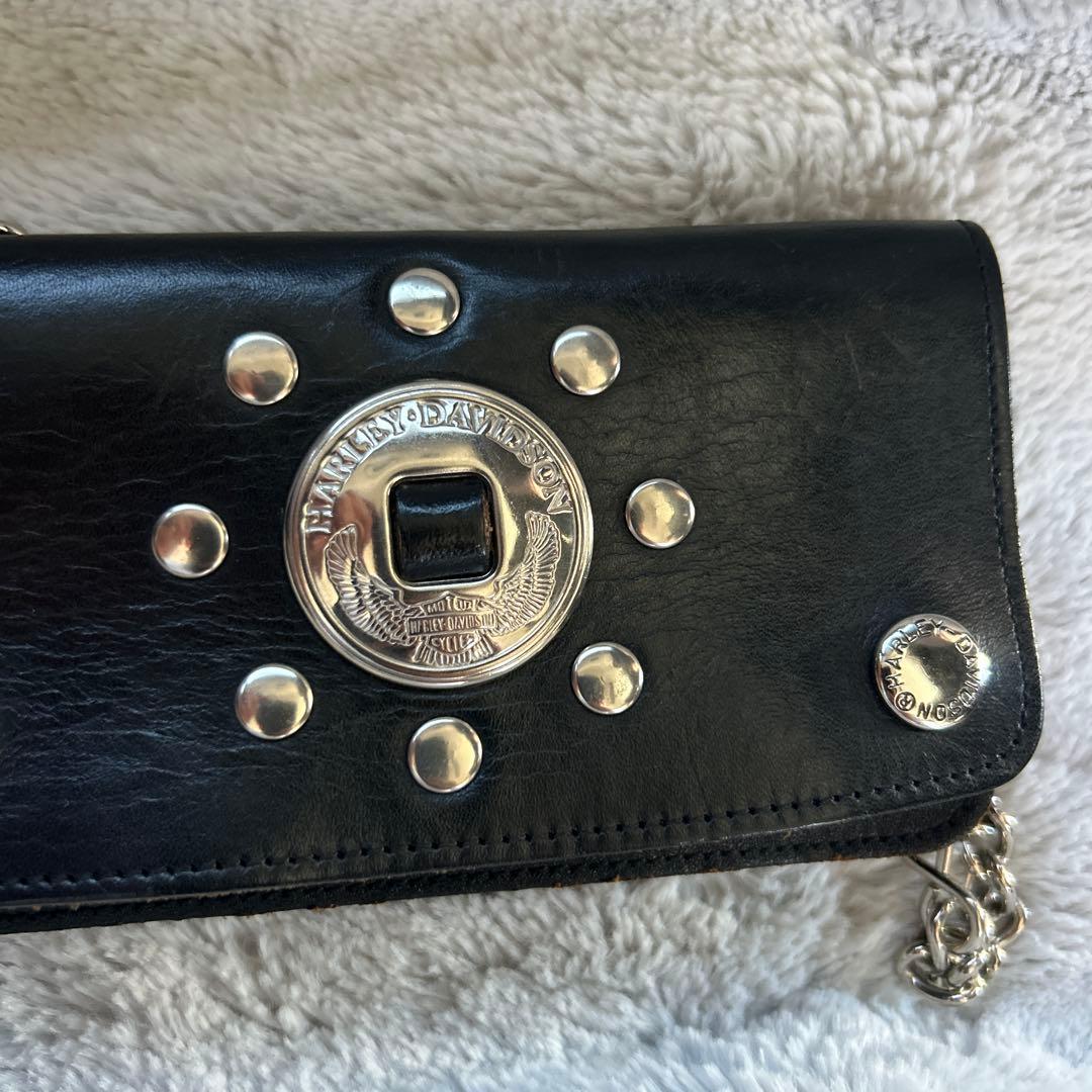 ハーレーダビッドソン スタッズ付き黒レザーウォレットチェーン