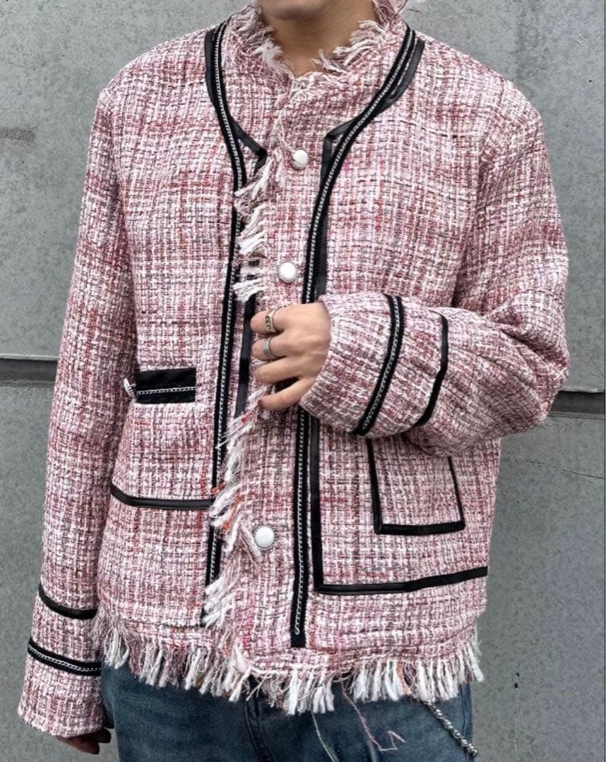 ALUDE ピンク フリンジ ノーカラー ツイード ジャケット M 韓国