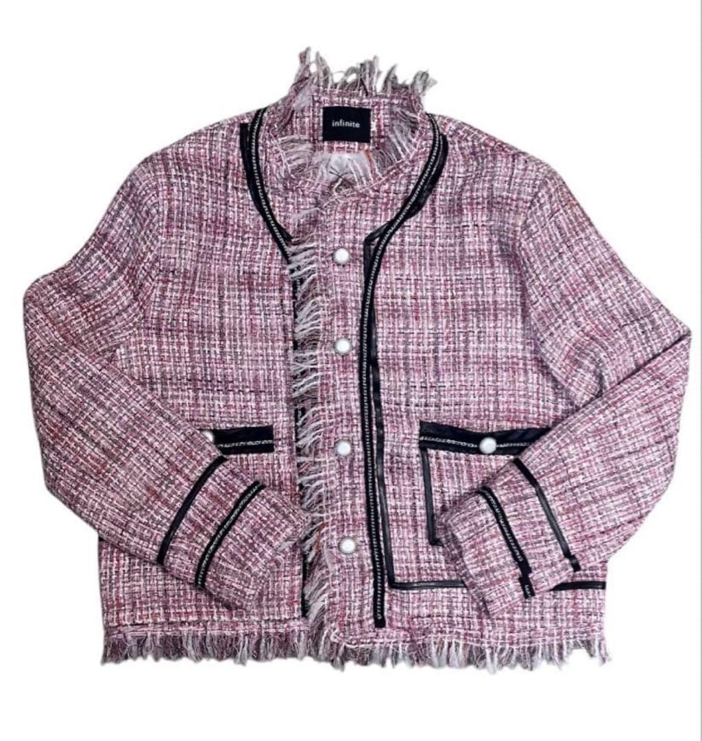ALUDE ピンク フリンジ ノーカラー ツイード ジャケット M 韓国