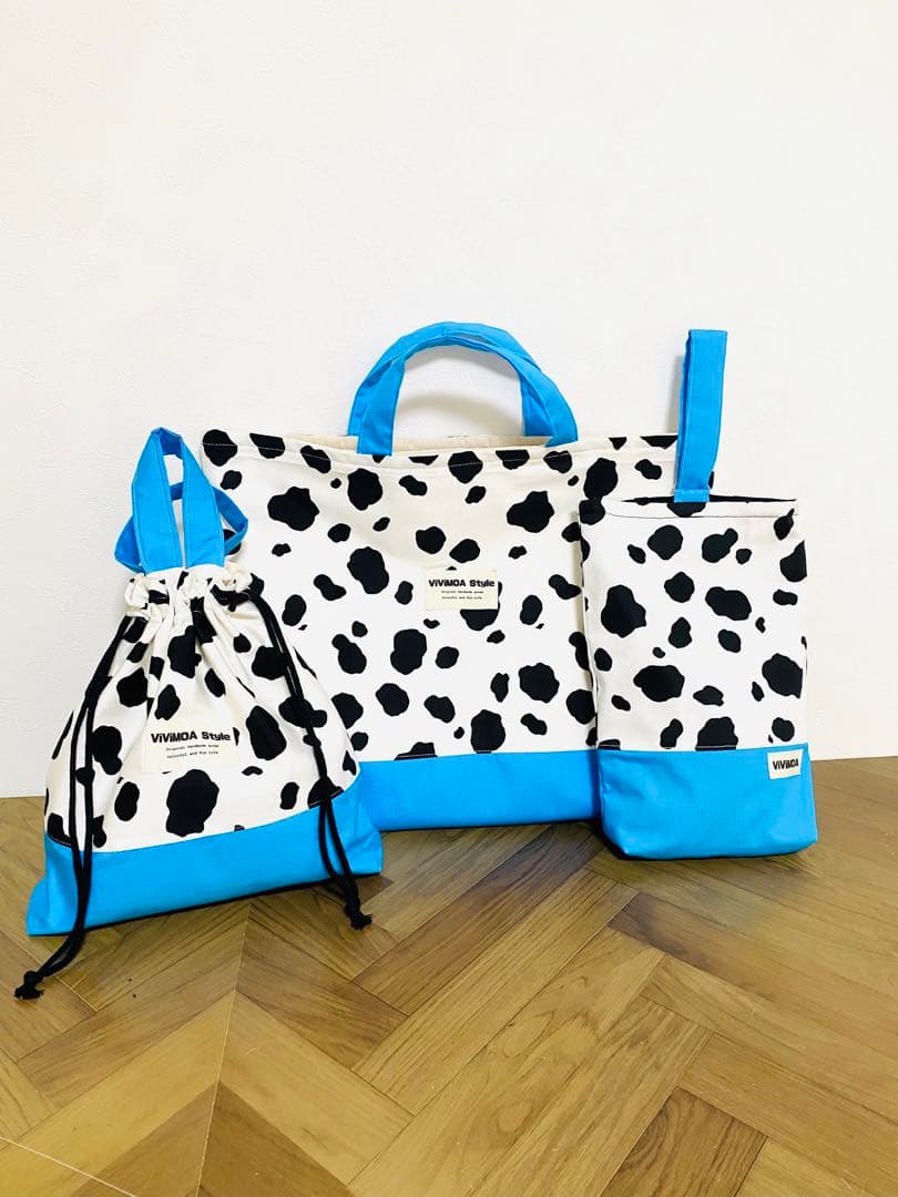 あすか　オーダー商品　完成　入園入学　ハンドメイド　水色　牛柄