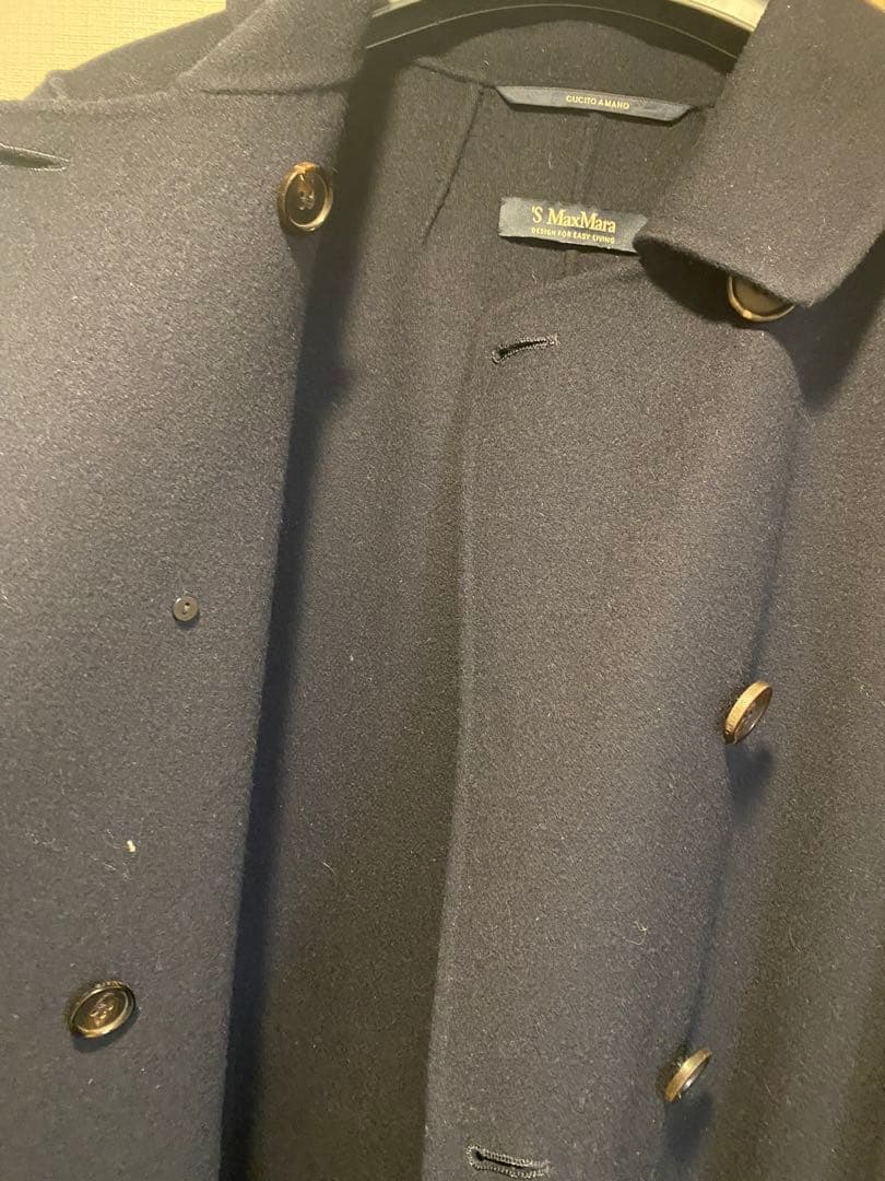 美品マックスマーラ　毛100% ネイビー ダブルブレスト ロングコート　34