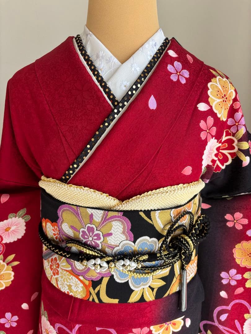 ポム❣️ 【最終価格！】⭐️振袖フルセット　正絹振袖　正絹袋帯　成人式　赤系