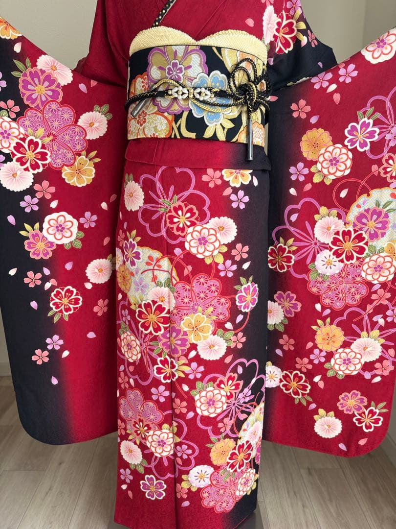 ポム❣️ 【最終価格！】⭐️振袖フルセット　正絹振袖　正絹袋帯　成人式　赤系