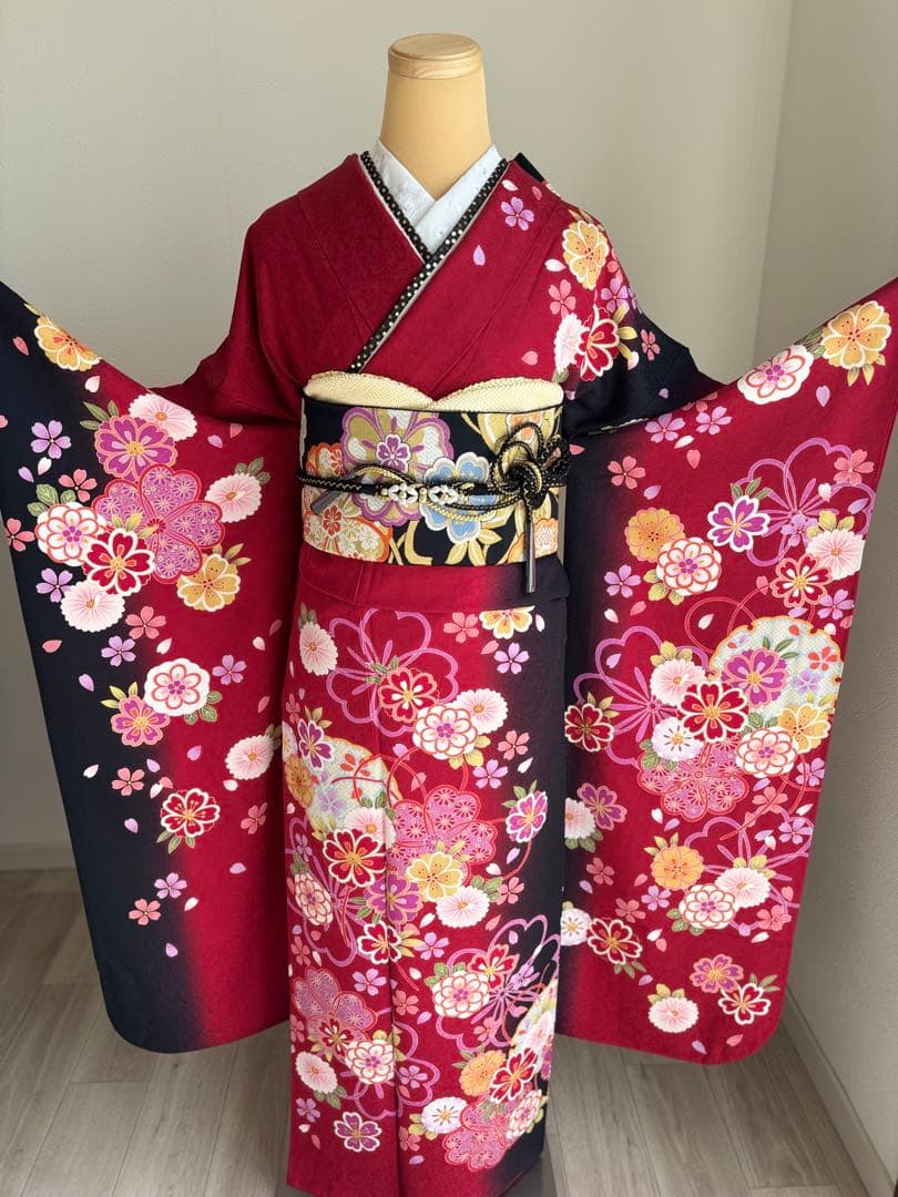 ポム❣️ 【最終価格！】⭐️振袖フルセット　正絹振袖　正絹袋帯　成人式　赤系