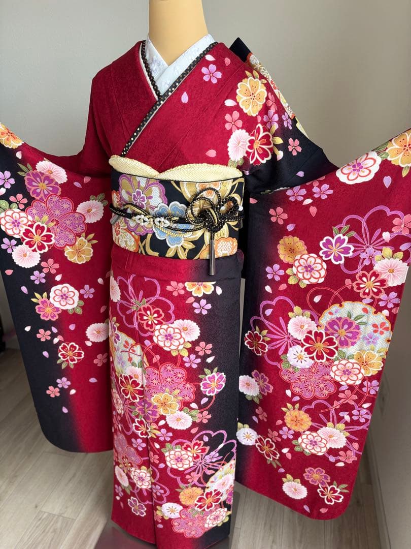 ポム❣️ 【最終価格！】⭐️振袖フルセット　正絹振袖　正絹袋帯　成人式　赤系