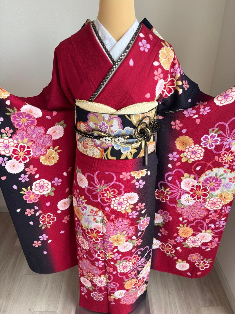 ポム❣️ 【最終価格！】⭐️振袖フルセット　正絹振袖　正絹袋帯　成人式　赤系