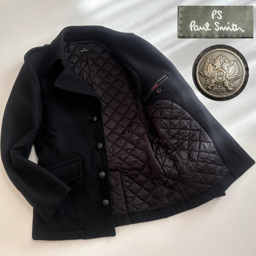 【カシミヤ混】ポールスミス ナポレオンコート メタルボタン キルティング S 黒