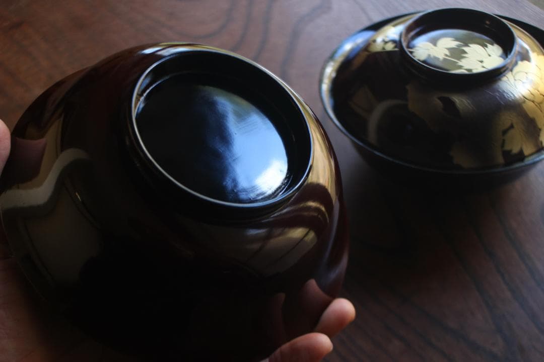 時代逸品！風情ある栗色漆に極上牡丹蝶蒔絵の映える大椀2点（検輪島塗蒔絵椀雑煮椀