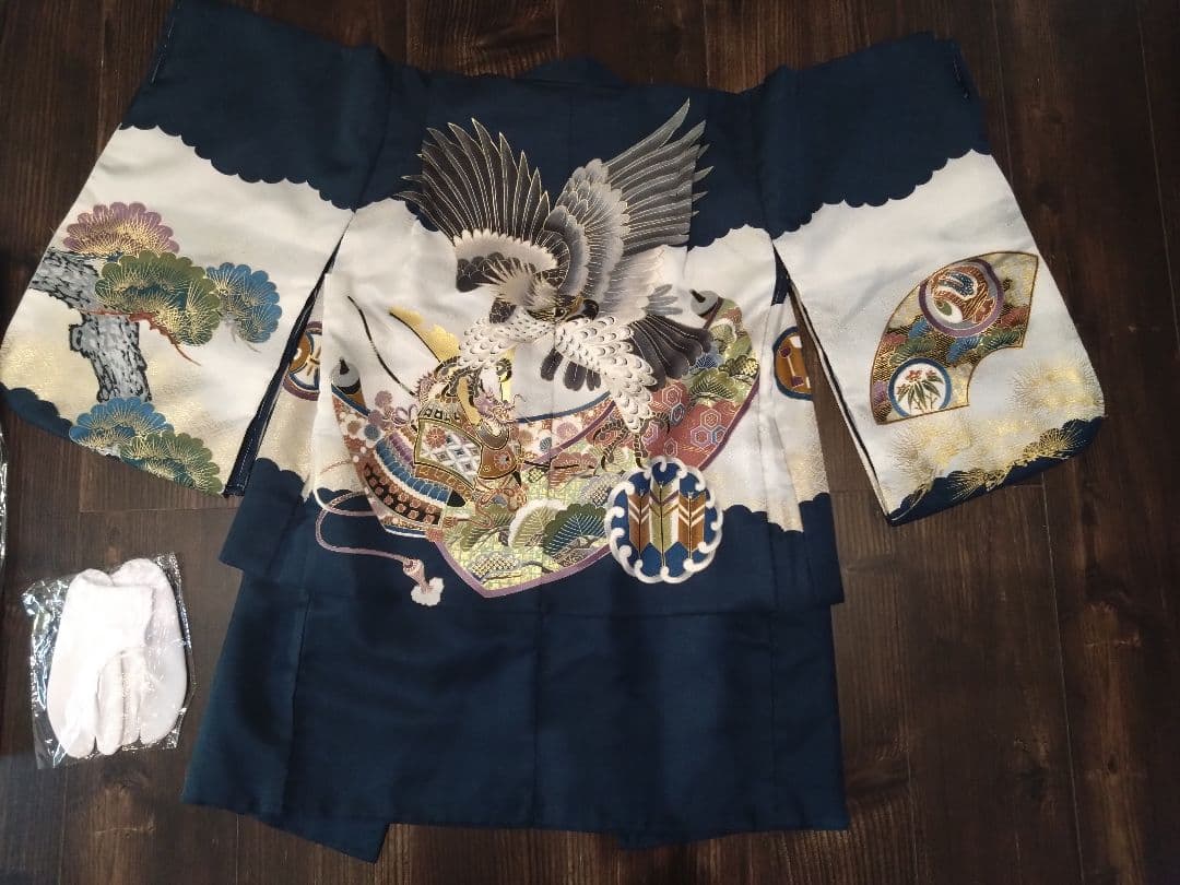 七五三　袴　セット　男の子 青と白の模様 鷹のデザイン