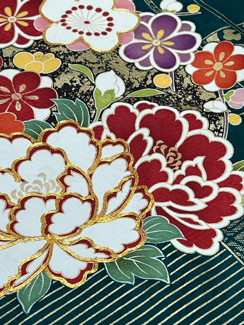 振り袖　フルセット　長襦袢付　成人式　グリーン　金彩加工　刺繍入り　744